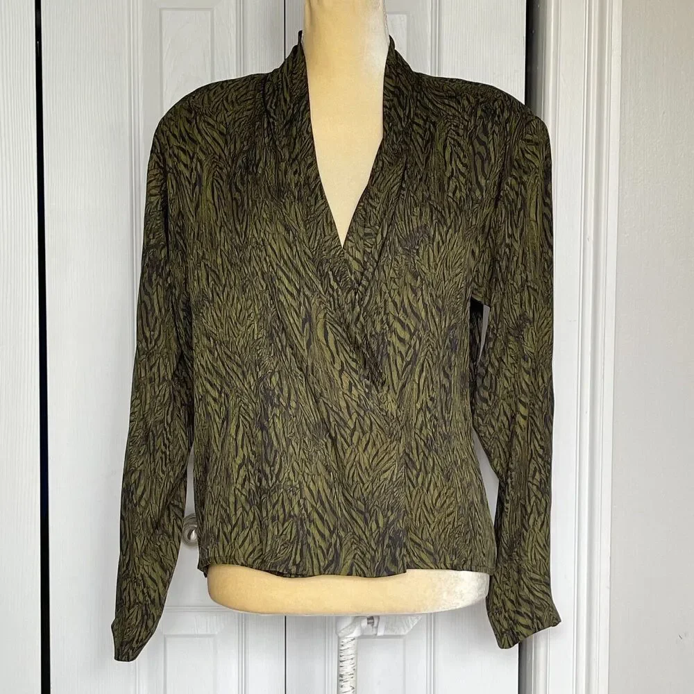 Anne Klein Vintage Silk Blouse Size 8 Green Black Surplice Button Front Top